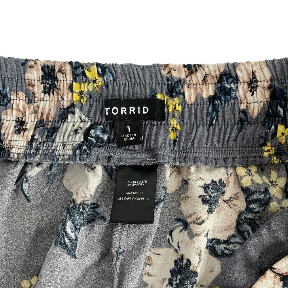Torrid Palazzo Pants Women's Sz 1 Gray Floral Tie Front Wide Leg Elastic Waist - Picture 4 of 9